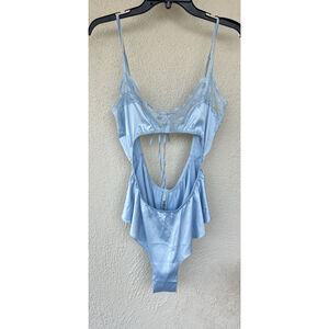 NWT Skims Baby Blue Satin Lace Trim Cut Out Bodysuit Lingerie Size L Sexy Angel